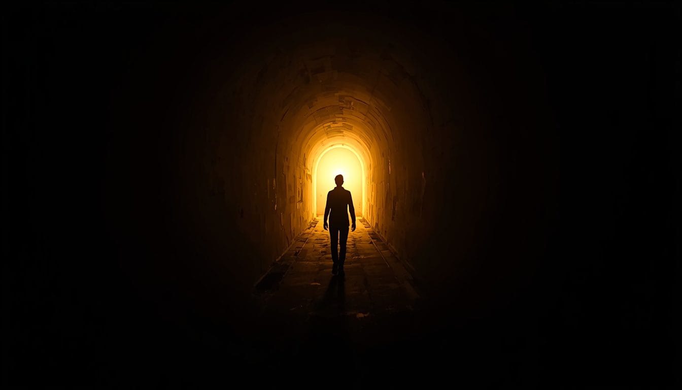 Silueta caminando hacia la luz - sanación emocional y esperanza Mente Serena