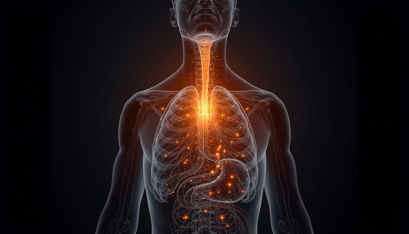 Señales somáticas ascendiendo por el nervio vago siendo interrumpidas antes de llegar al cerebro — instinto reprimido Mente Serena