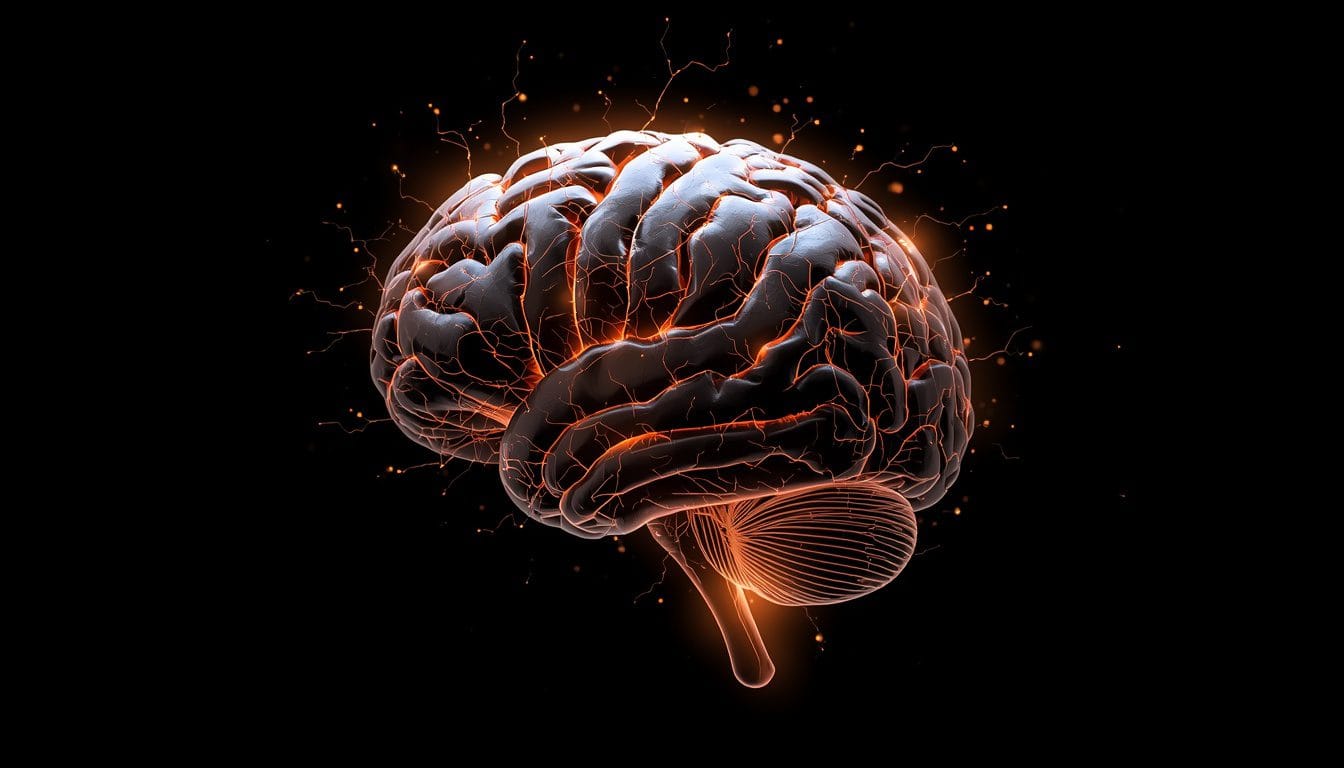 Modelo tridimensional de cerebro con destellos ámbar viajando hacia el nervio vago sobre fondo negro — marcador somático Mente Serena