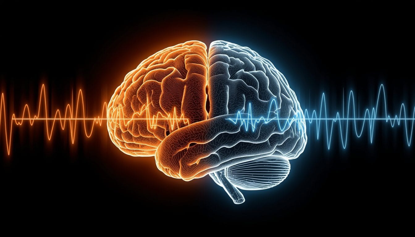 Dos señales cerebrales en conflicto, una ámbar y una gris azulada, representando la disonancia cognitiva del gaslighting — Mente Serena