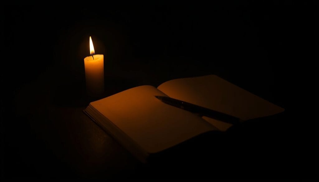 Vela encendida junto a cuaderno abierto - contacto Comunidad Mente Serena
