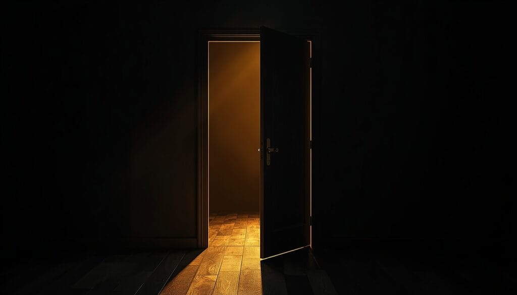 Puerta entreabierta con luz dorada en corredor oscuro - sanar después de una ruptura contacto cero Mente Serena