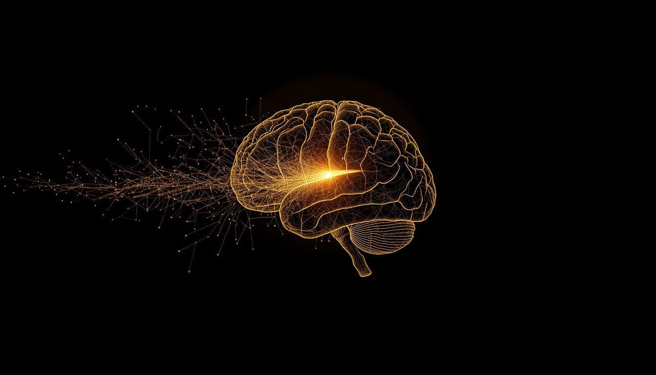 Diagrama neuronal abstracto en ámbar sobre fondo negro mostrando la amígdala activada - secuestro amigdalino Mente Serena