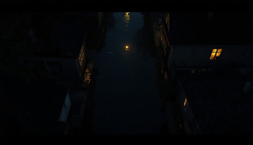 Calle inundada con luz dorada en la distancia - origen Comunidad Mente Serena Valencia DANA