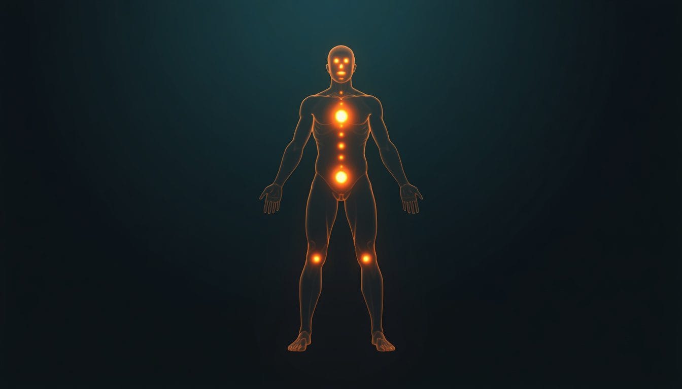 Silueta corporal con escáner de atención recorriendo zonas de tensión zona por zona — escáner corporal meditación Mente Serena