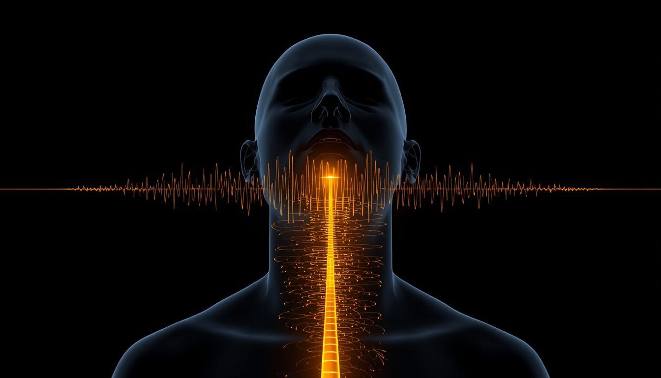 Un camino de luz trazando desde las cuerdas vocales hacia el tronco encefálico, pulsando con cada vibración — tarareo nervio vago Mente Serena