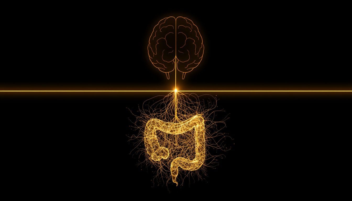 Trazo de luz dorada recorriendo en ambas direcciones un canal entre una silueta cerebral y una malla nerviosa intestinal — eje intestino cerebro estres cronico Mente Serena