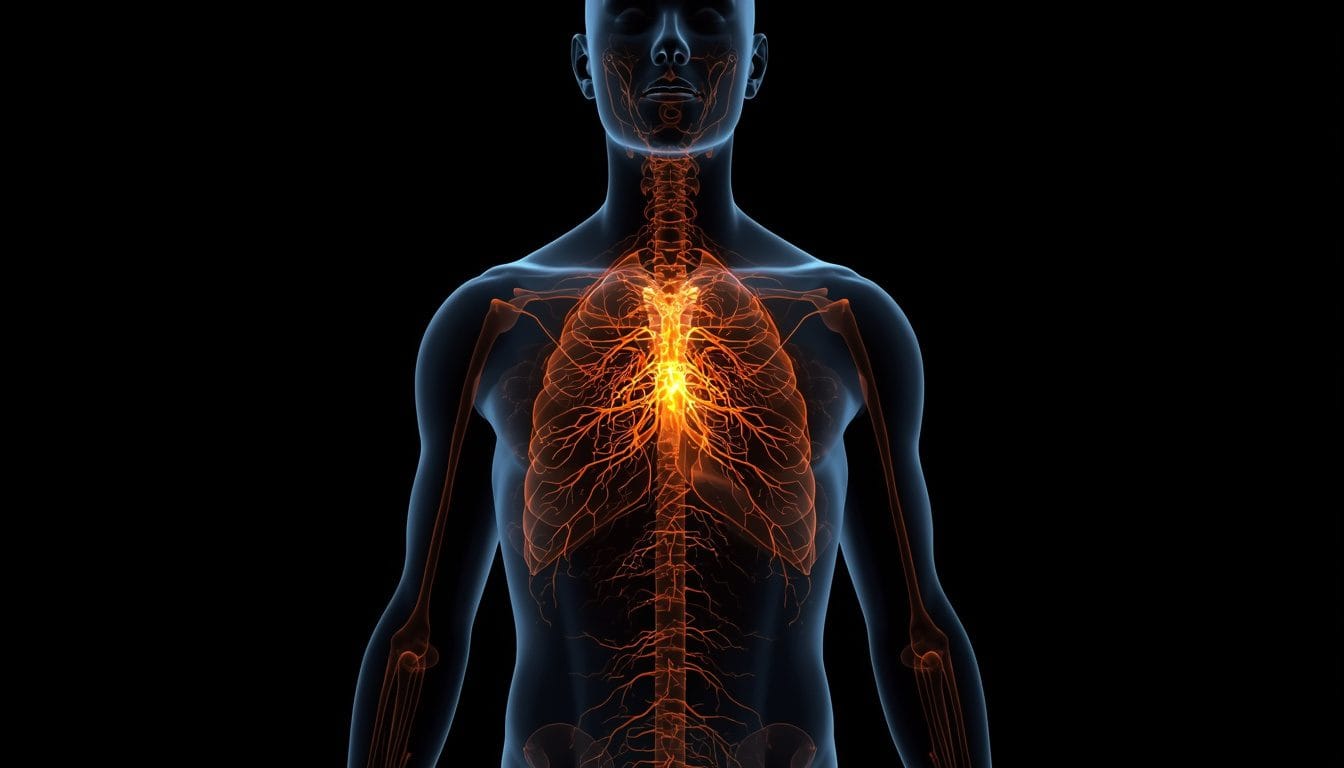 Silueta humana translúcida con raíces de luz ámbar casi apagadas, solo unos pocos pulsos débiles cerca del centro — congelamiento funcional ansiedad Mente Serena