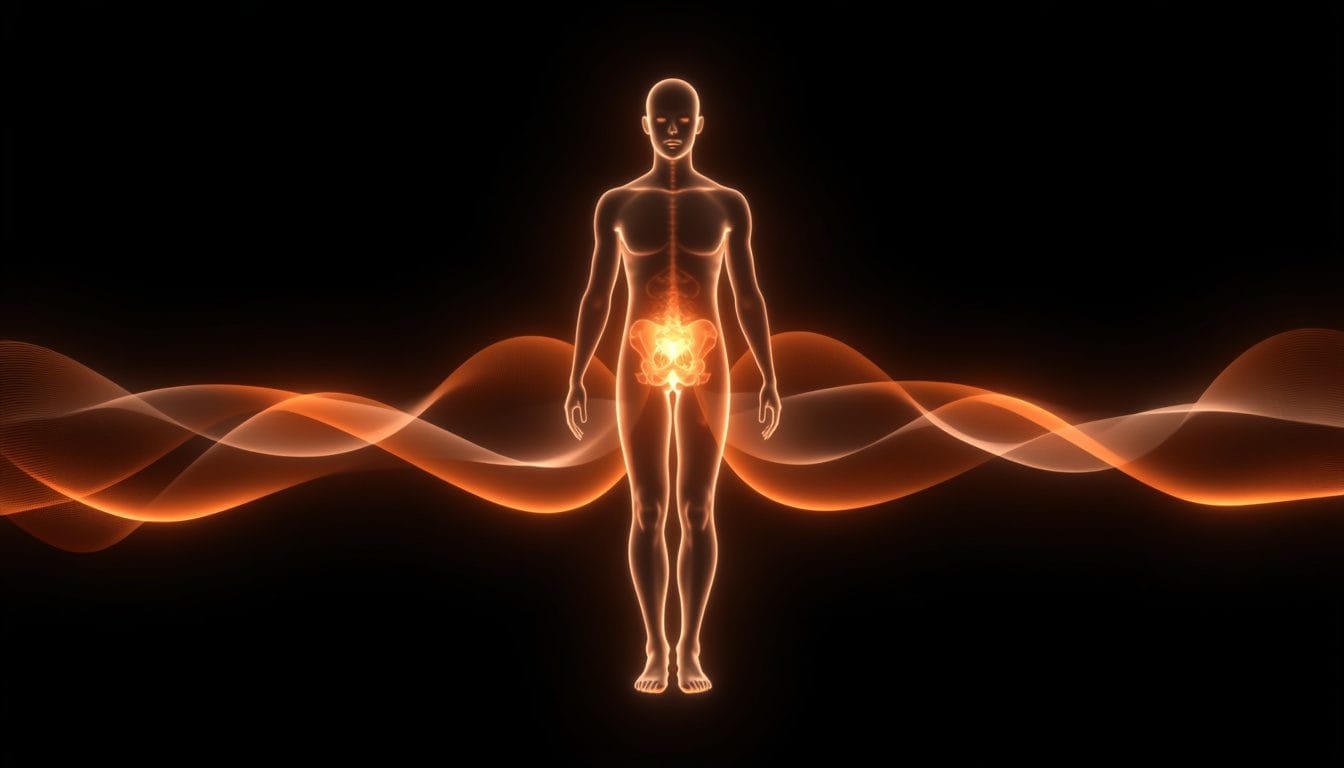 Silueta humana translúcida con una vibración suave y rítmica de luz ámbar naciendo en la zona pélvica y extendiéndose hacia arriba — tre temblor neurogenico Mente Serena