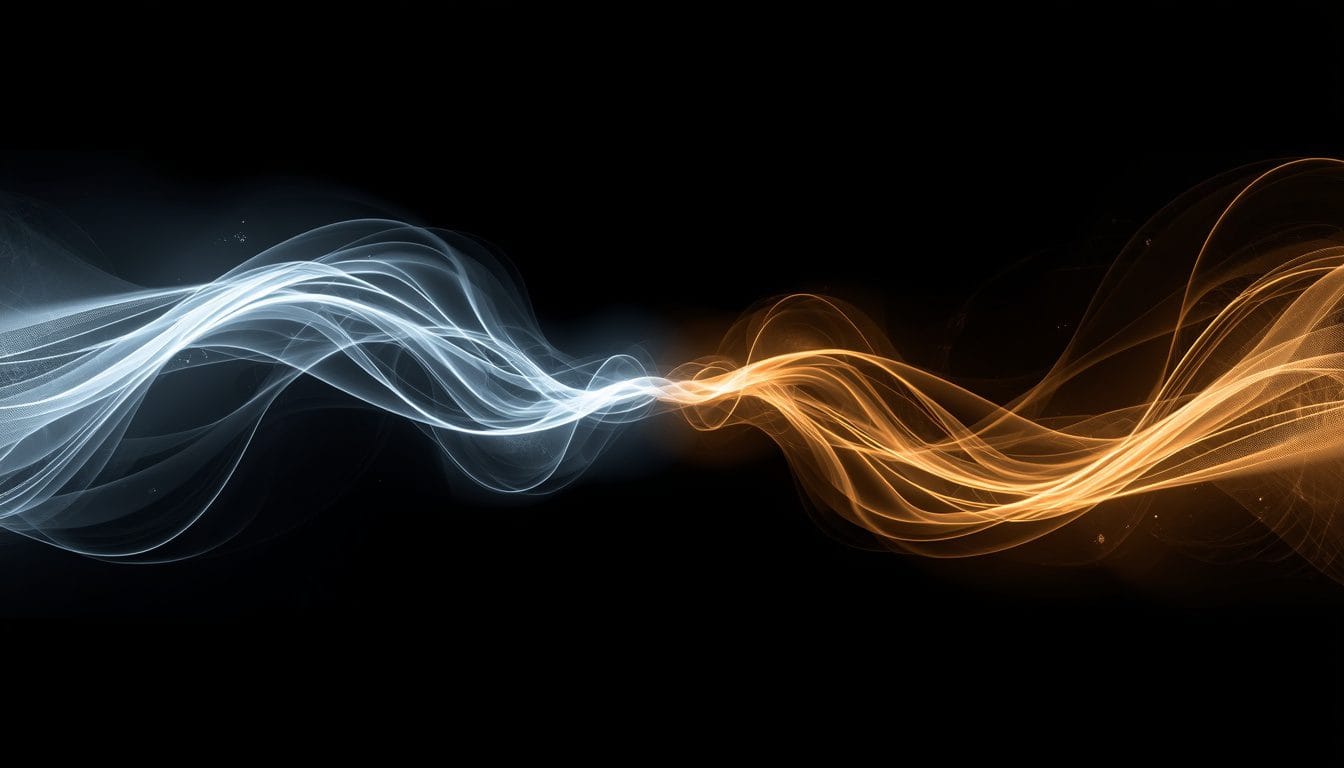 Dos trazos de luz, uno azul frío y uno ámbar cálido, alternándose en un ciclo cada vez más rápido y estrecho — trauma bonding vinculo traumatico Mente Serena