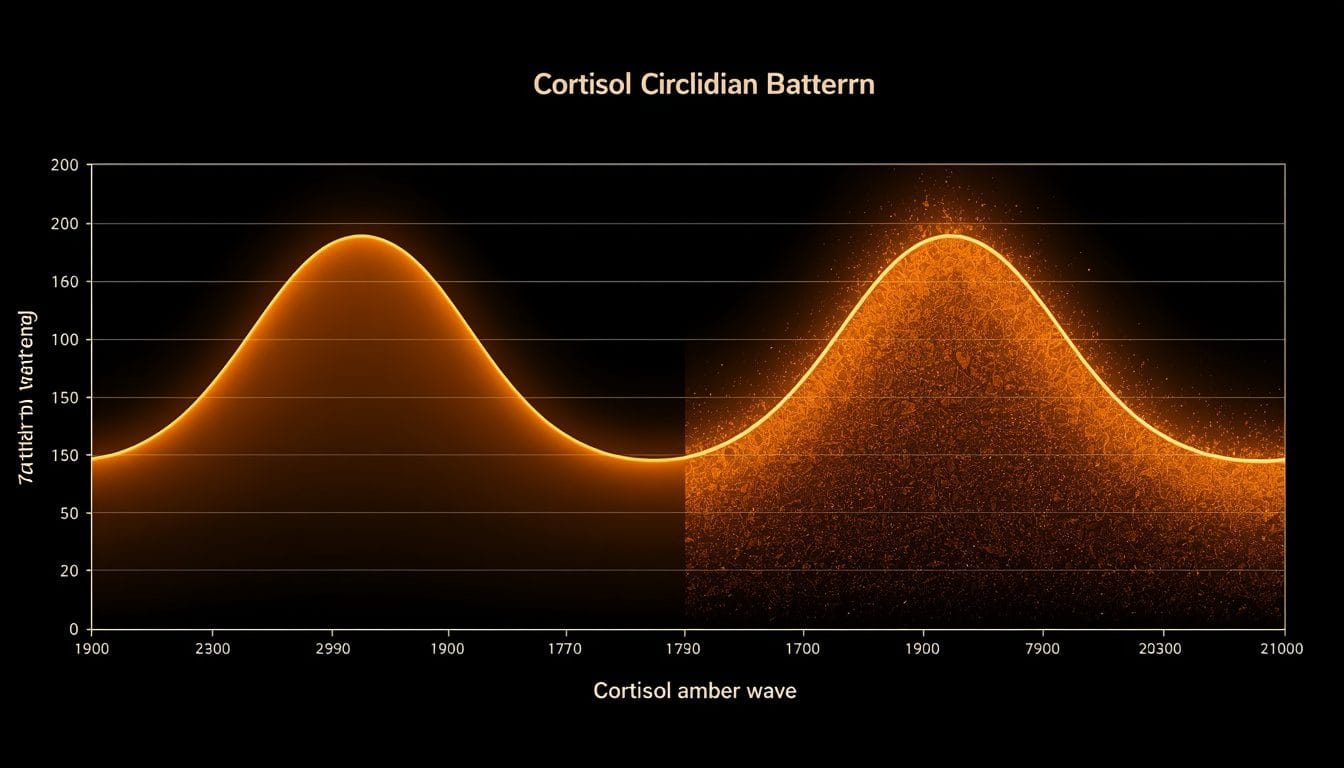 Patrón circadiano del cortisol invertido mostrando curva baja de mañana y pico elevado de noche — cortisol circadiano Mente Serena
