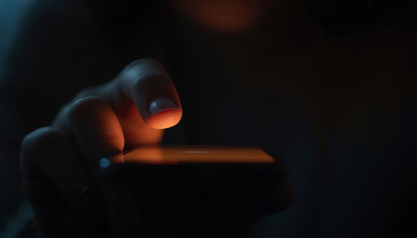 Primer plano de un pulgar suspendido sobre la pantalla de un teléfono, a punto de comprobar el mensaje de nuevo, luz fría reflejada en la penumbra — catastrofizacion mental ansiedad Mente Serena