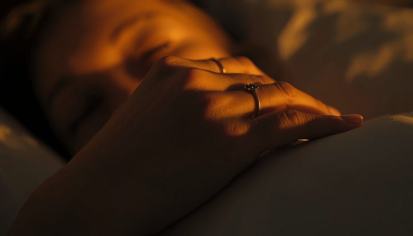 Primer plano de una mano relajándose sobre la almohada mientras los ojos empiezan a cerrarse, luz ámbar tenue — barajado cognitivo para dormir Mente Serena