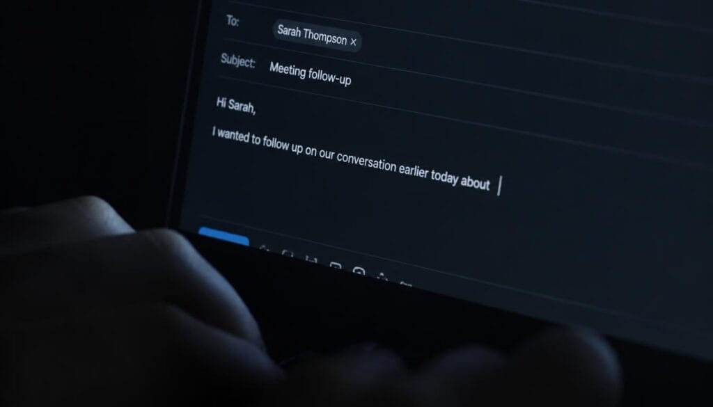 Primer plano de un cursor parpadeante sobre un correo sin enviar, luz fría de pantalla en la penumbra — paralisis por analisis ansiedad Mente Serena