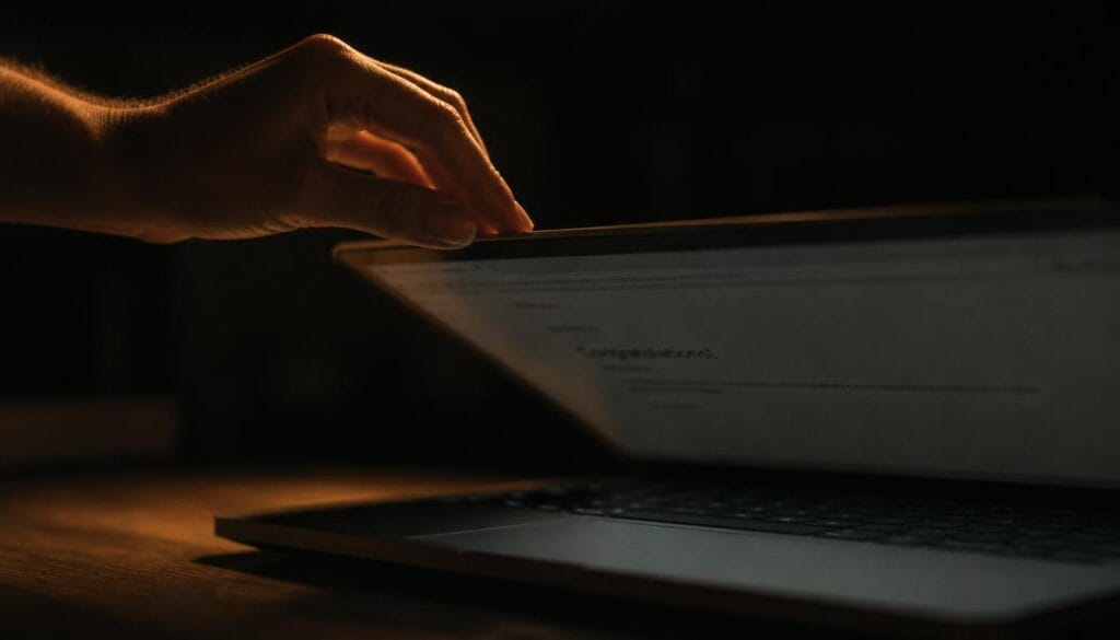Primer plano de una mano cerrando despacio un portátil con un correo de felicitación en pantalla, luz tenue cálida — envidia narcisista señales Mente Serena