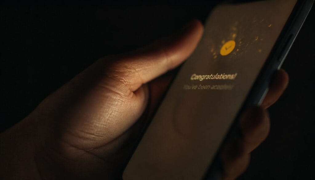 Primer plano de una mano sosteniendo un teléfono con un mensaje de felicitación, luz cálida tenue — sindrome del impostor señales Mente Serena