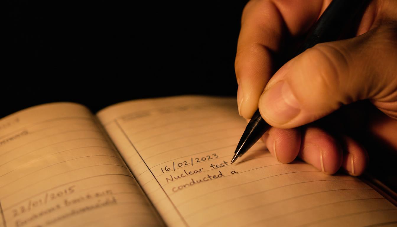 Primer plano de una mano escribiendo una fecha y un hecho concreto en la columna derecha de un cuaderno, luz cálida tenue — tabla de anclaje a la realidad Mente Serena