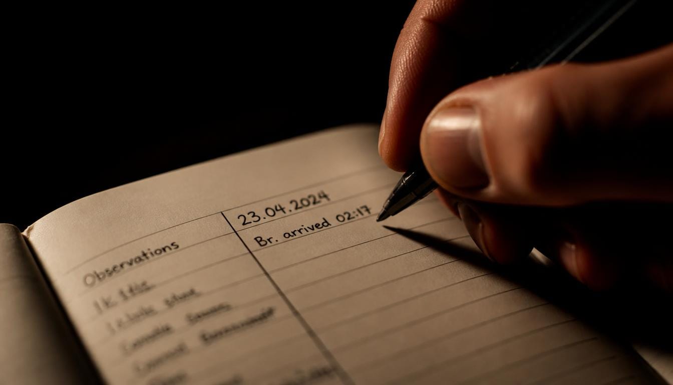 Primer plano de una mano escribiendo una fecha y un hecho concreto en la columna derecha de un cuaderno, luz cálida tenue — tabla de anclaje a la realidad Mente Serena