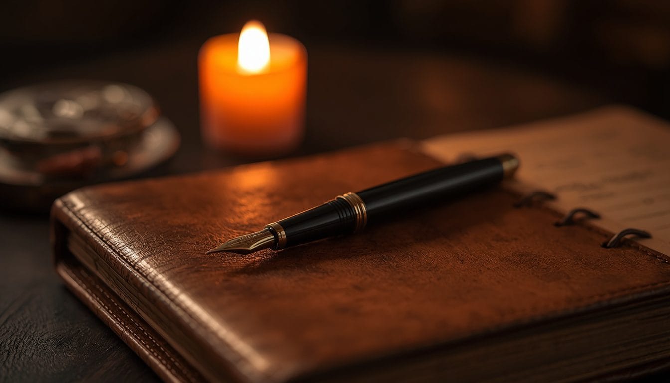 Diario de cuero con pluma estilográfica a la luz de una vela — escritura reflexiva recursos sistema nervioso