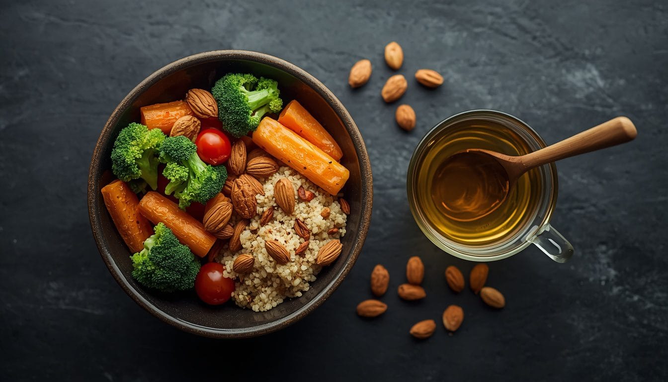 Bowl antiinflamatorio con quinoa, brócoli y almendras — nutrición y microbiota recursos sistema nervioso
