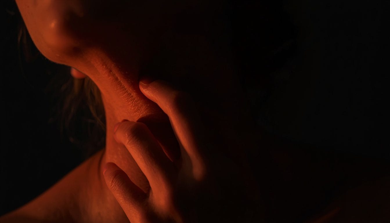 Primer plano de una mano apoyada sobre la base del cuello, luz cálida tenue, gesto de percibir tensión sin dolor agudo — nudo en la garganta ansiedad Mente Serena