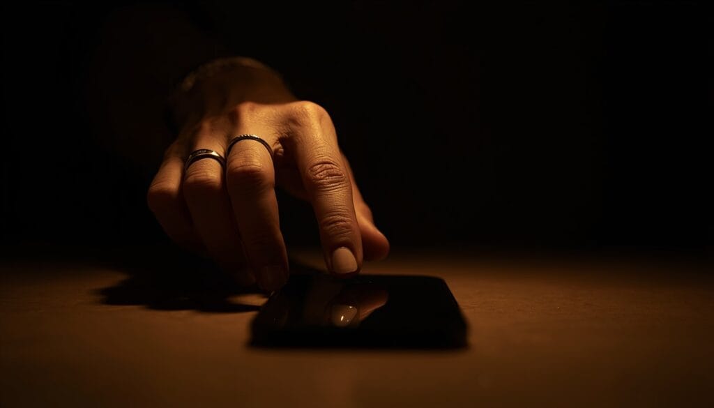 Primer plano de una mano alcanzando repetidamente un teléfono, luz cálida tenue en la penumbra — ansiedad por separacion adultos Mente Serena