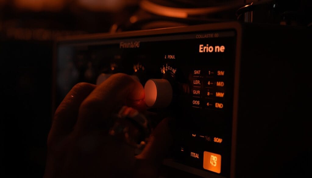 Primer plano de una mano bajando el volumen de un dispositivo de sonido nocturno, luz cálida tenue — ruido rosa para dormir Mente Serena