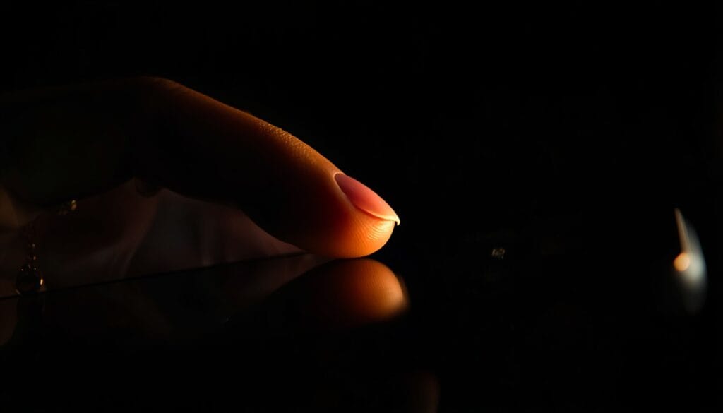 Primer plano de un pulgar desplazándose por una pantalla oscura, luz cálida y fría mezclándose — doomscrolling ansiedad Mente Serena