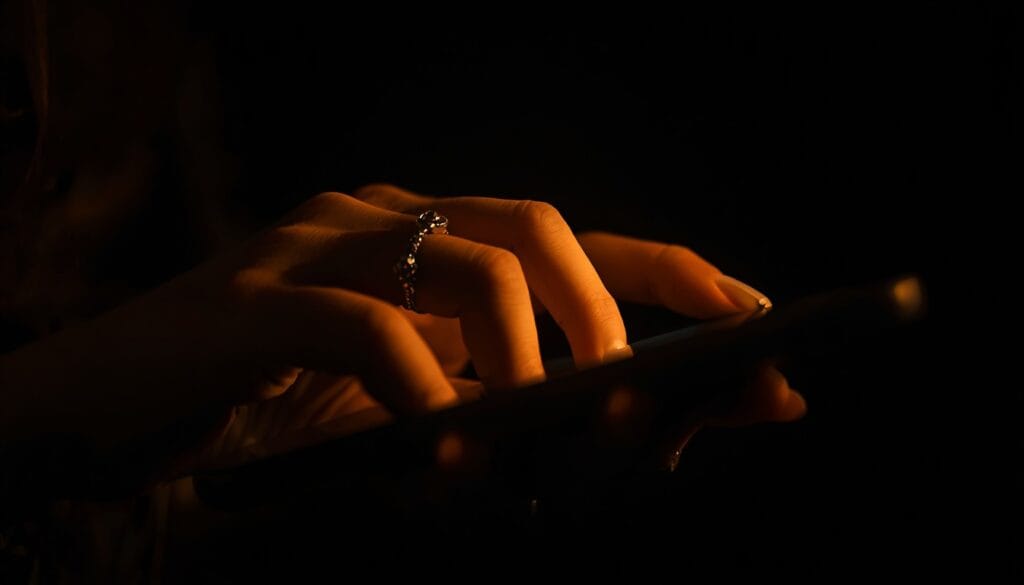 Primer plano de manos escribiendo un mensaje en el teléfono, luz cálida tenue — busqueda de reafirmacion ansiedad Mente Serena