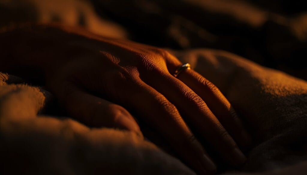 Primer plano de una mano completamente relajada sobre la almohada, sin tensión visible, luz cálida difusa — entrenamiento autógeno para dormir Mente Serena