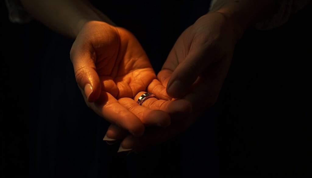 Primer plano de dos manos, una ofreciendo consuelo hacia la otra que se retira sutilmente, luz cálida tenue — narcisismo encubierto señales Mente Serena