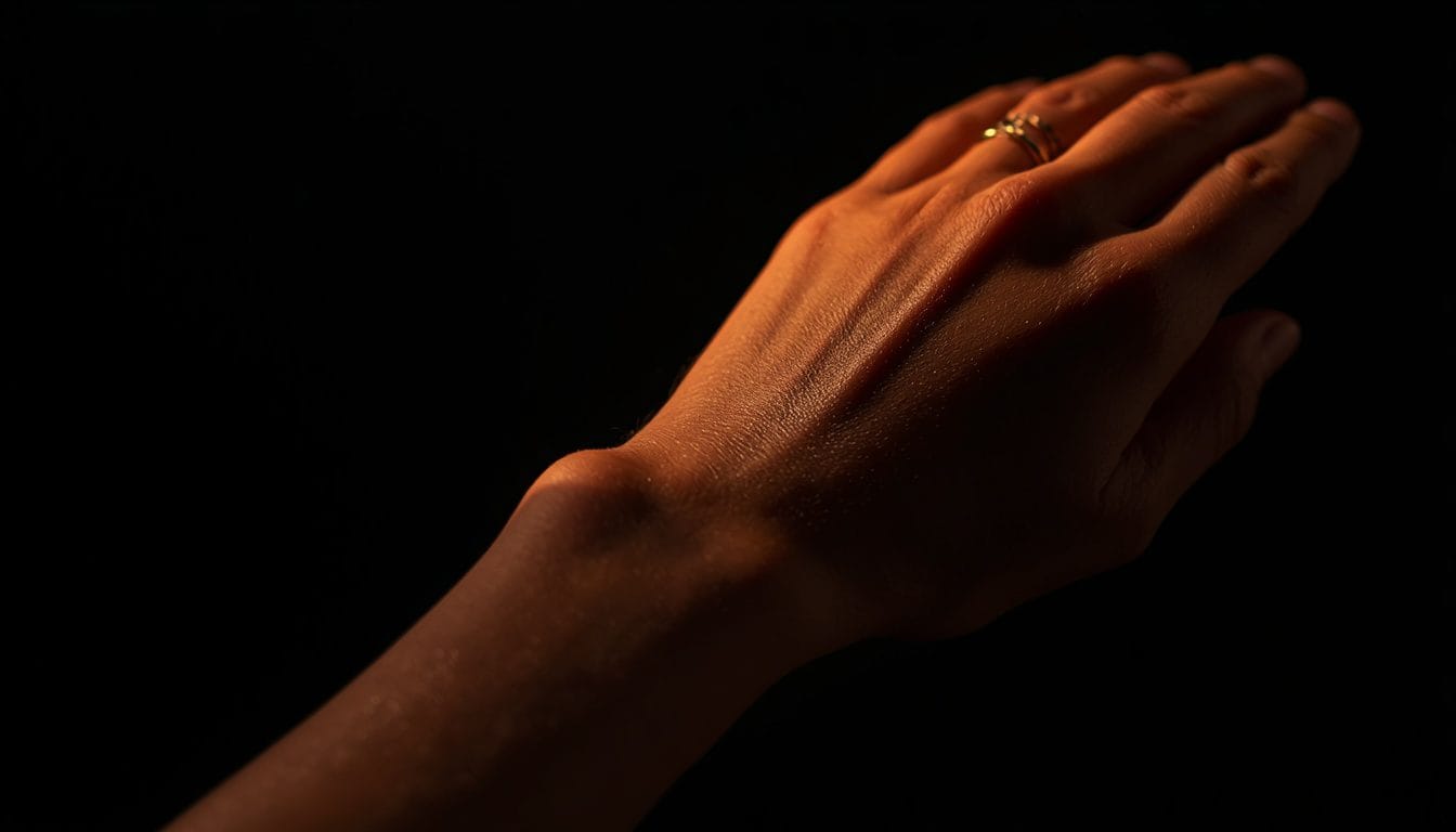 Primer plano de una mano deslizándose despacio por el antebrazo opuesto, luz cálida tenue — tecnica havening ansiedad Mente Serena
