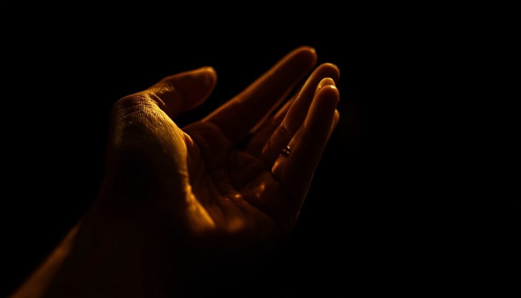 Primer plano de una mano soltando lentamente el agarre de otra mano, luz cálida tenue — codependencia relacion narcisista Mente Serena