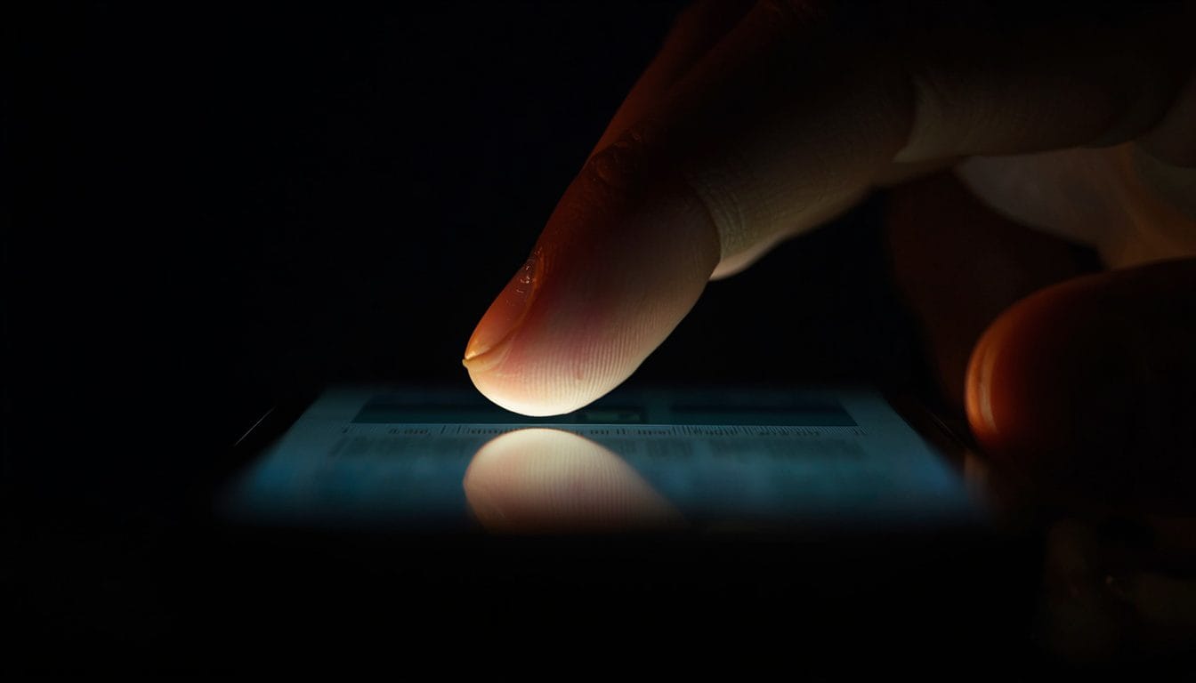Primer plano de un dedo suspendido sobre la pantalla del teléfono, a punto de revisar una notificación, luz cálida tenue — breadcrumbing narcisista Mente Serena