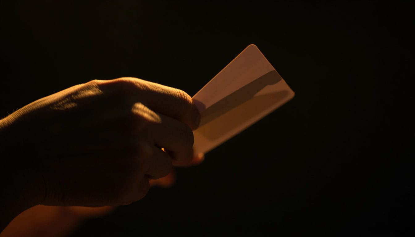 Primer plano de manos sosteniendo tarjetas de notas con leve temblor, luz cálida tenue — ansiedad de rendimiento Mente Serena