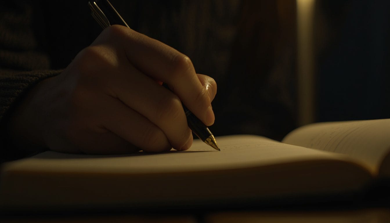 Primer plano de una mano escribiendo rápido en un cuaderno de noche, luz cálida tenue — vaciado mental antes de dormir Mente Serena