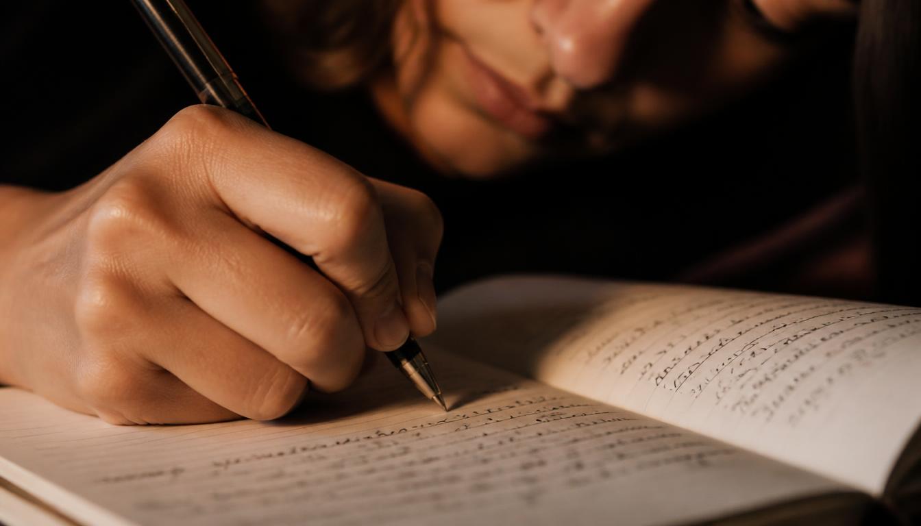 Primer plano de una mano escribiendo una explicación propia en un cuaderno, luz cálida tenue — necesidad de cierre en rupturas Mente Serena