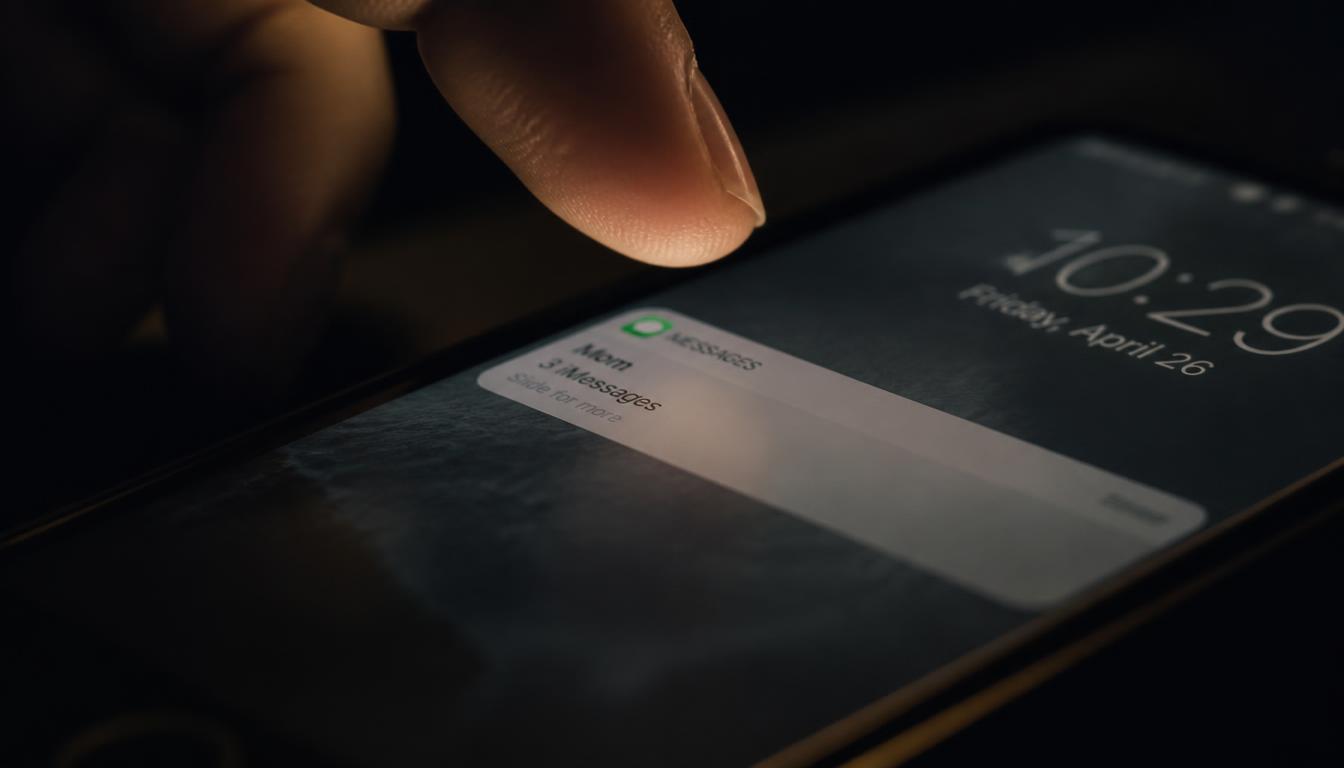 Primer plano de una pantalla de teléfono con una notificación destacada, dedo suspendido sin decidir tocarla, luz cálida tenue — fatiga de notificaciones ansiedad Mente Serena