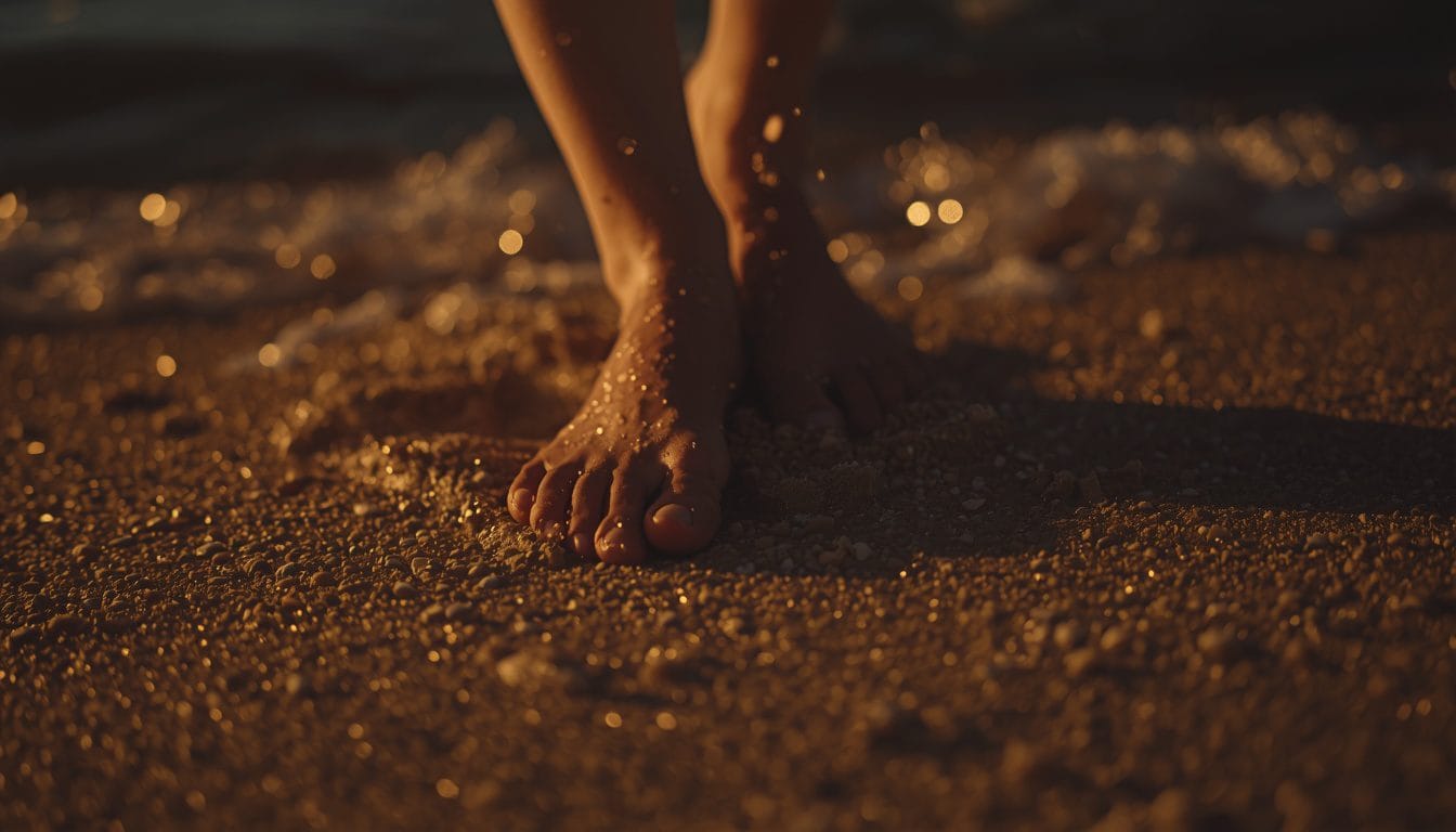 Primer plano de pies descalzos sobre arena tibia junto al agua, luz de luna suave — tecnica del lugar seguro Mente Serena