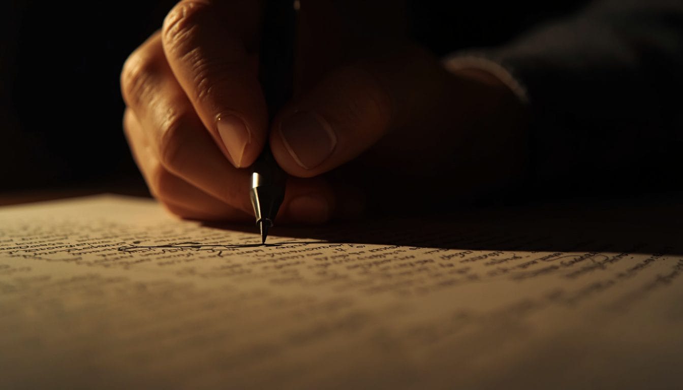 Primer plano de una mano tachando o corrigiendo algo ya terminado y correcto, luz cálida tenue — perfeccionismo autoexigente ansiedad Mente Serena
