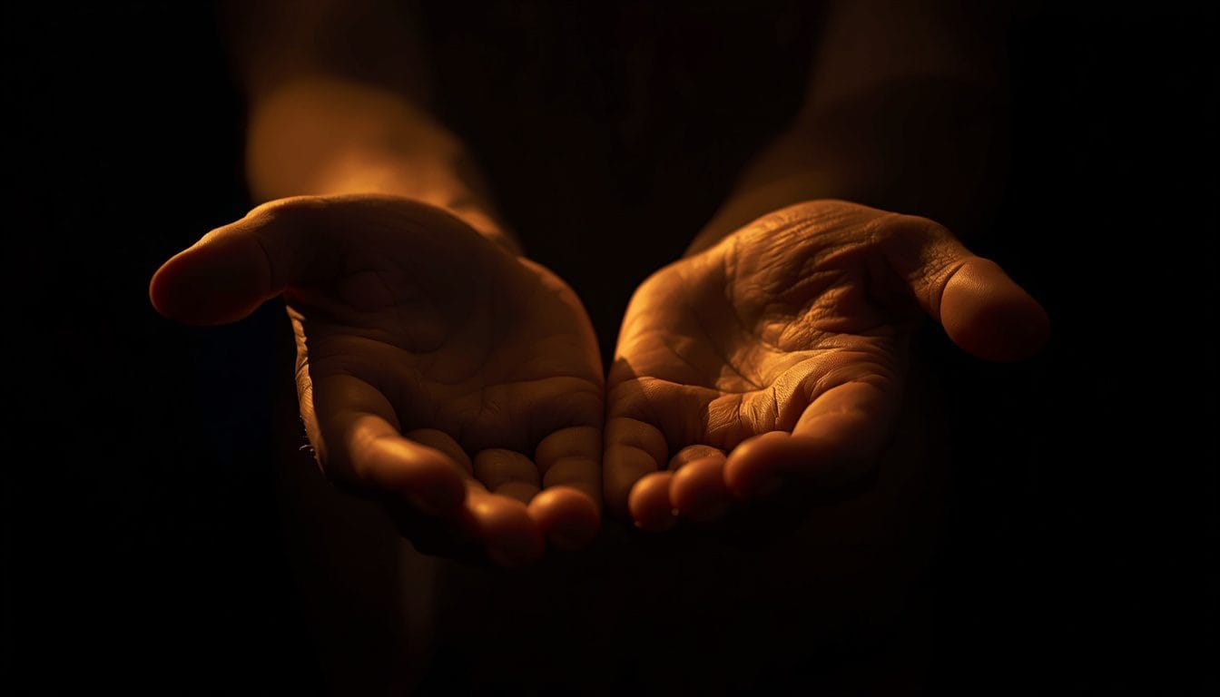 Primer plano de manos sosteniendo el peso invisible de un problema ajeno, luz cálida tenue — hiperresponsabilidad emocional Mente Serena