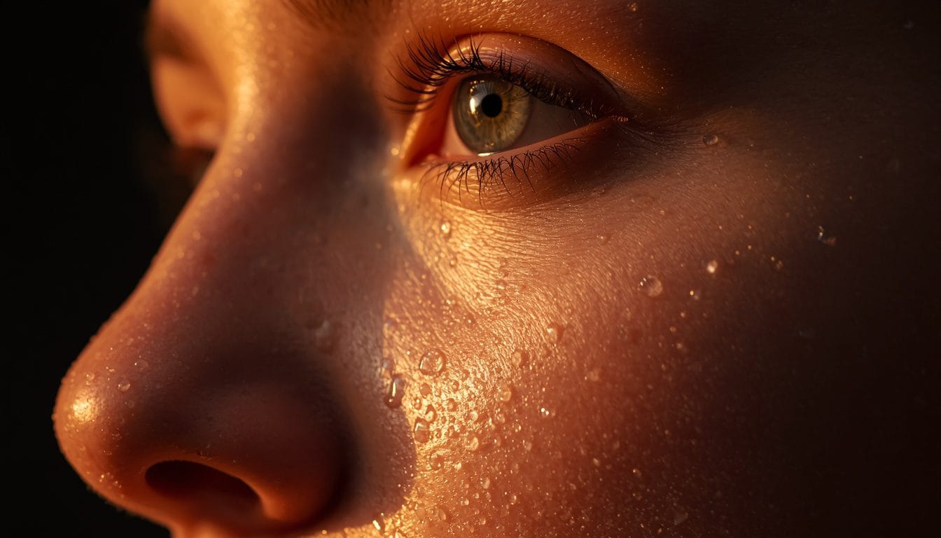 Primer plano de gotas de agua fría cayendo sobre la piel del rostro, luz cálida tenue — reflejo de inmersion ansiedad Mente Serena