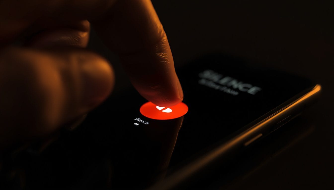 Primer plano de un dedo suspendido sobre el botón de silenciar una llamada entrante, luz cálida tenue — ansiedad telefonica Mente Serena