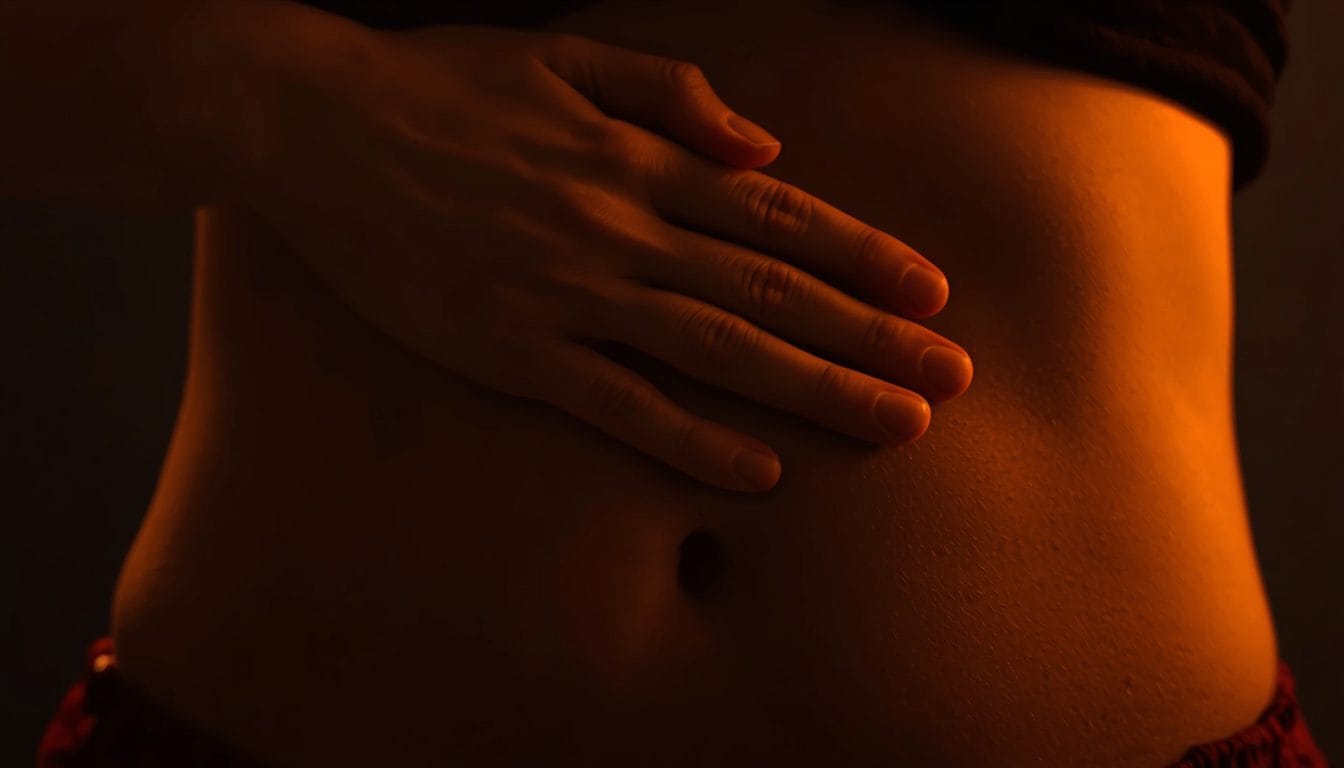 Primer plano de una mano sobre el vientre elevándose con la respiración, luz cálida tenue — respiracion diafragmatica profunda Mente Serena