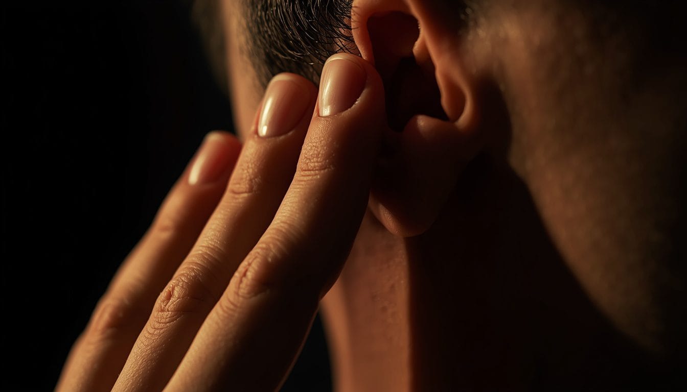Primer plano de yemas de los dedos masajeando suavemente la zona del masetero, luz cálida tenue — liberacion de tension mandibular Mente Serena