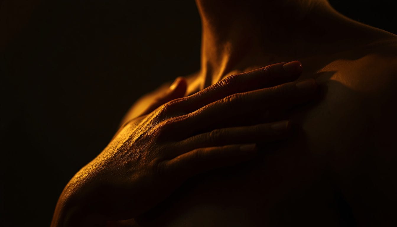 Primer plano de una mano sobre el pecho respirando despacio, luz cálida tenue — coherencia cardiaca ansiedad Mente Serena