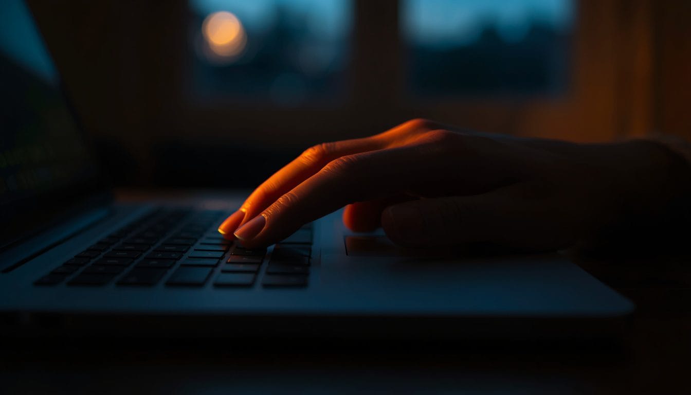 Primer plano de una mano apoyada sobre un portátil cerrado al atardecer, con la última luz naranja en la ventana — ansiedad del domingo Mente Serena