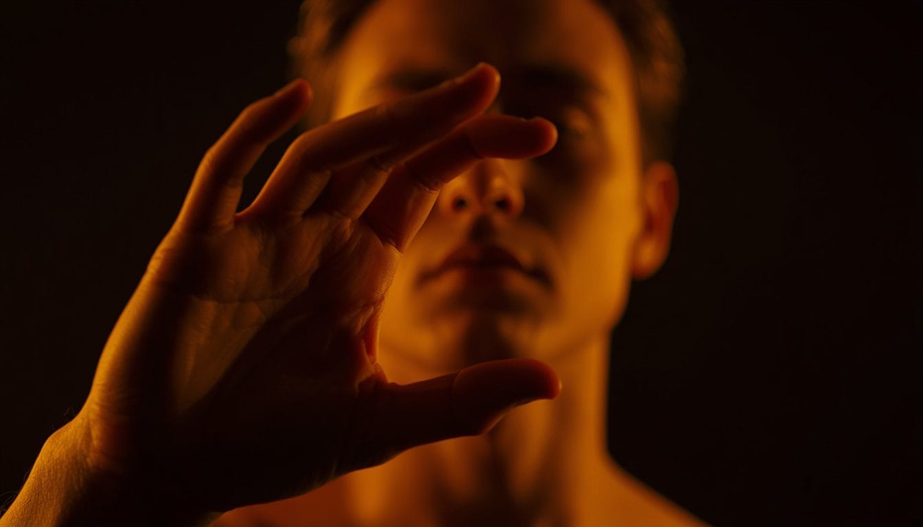 Primer plano de una mano trazando lentamente la forma de un cuadrado en el aire al ritmo de la respiración, luz cálida tenue — respiracion cuadrada tecnica Mente Serena
