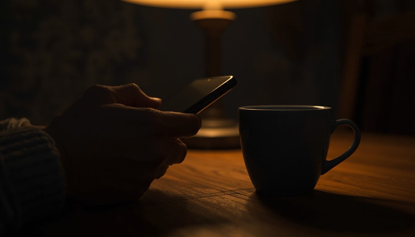Primer plano de una mano que sostiene un móvil con la pantalla apagada, junto a una taza fría, en una cocina de noche — chantaje emocional en pareja Mente Serena