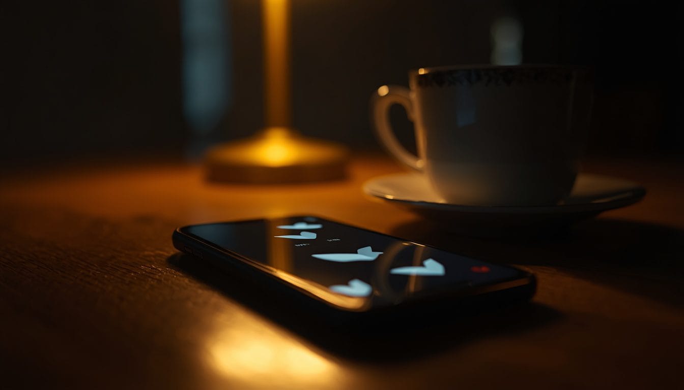  girando el móvil sobre una mesa de cocina de noche con gesto de cautela, la pantalla llena de avisos — control digital en la pareja Mente Serena